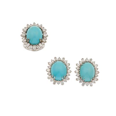 Demi-parure Composta da Anello ed Orecchini con Diamanti e Turchesi
