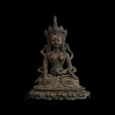 Figura di Guanyin Incoranata in Bronzo Seduta su Fior di Loto, Cina, Dinastia Ming (1368-1644)
