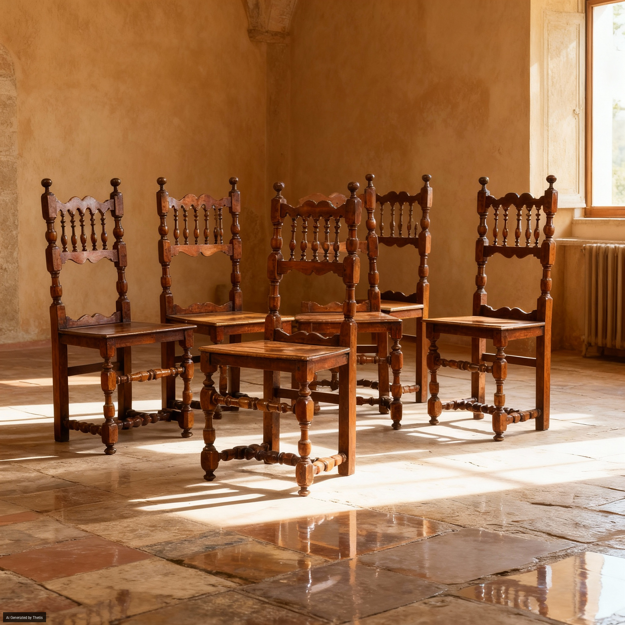 Gruppo di sei sedie in noce. Toscana, inizi XVIII secolo
