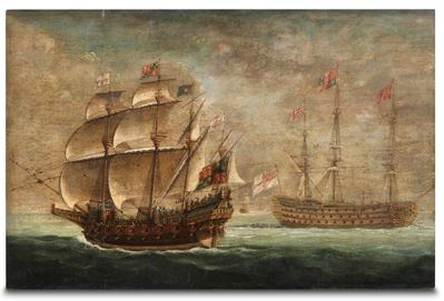 Scuola inglese, Marina con galeoni, Olio su tavola, cm 60x75, Fine XVIII - Inizio XIX secolo