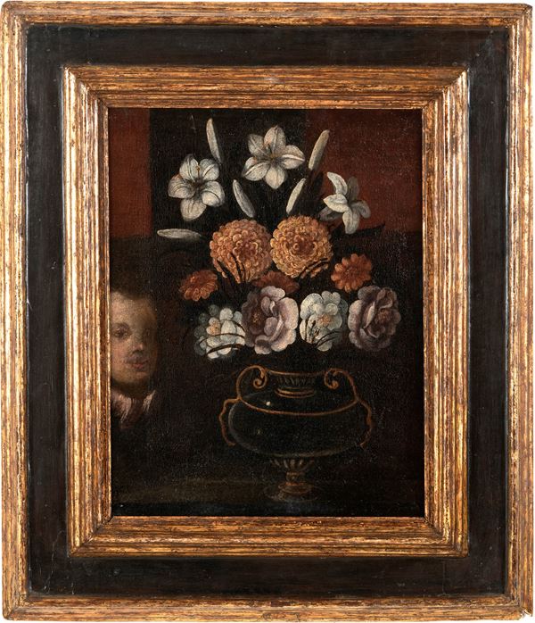 Scuola spagnola del XVII secolo Vaso di fiori con giovanetto sullo sfondo
