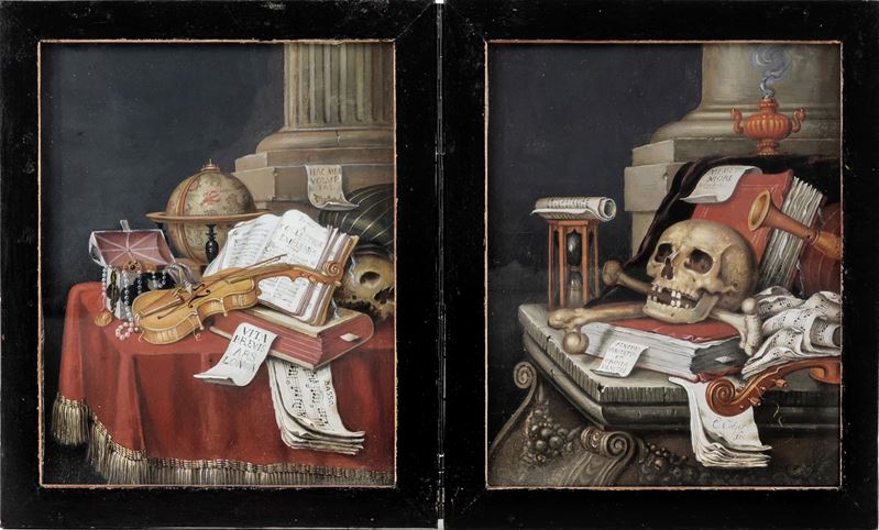 Edwaert Collier : Vanitates  - olio su carta applicata su specchio - Asta Dipinti Antichi - Cambi Casa d'Aste