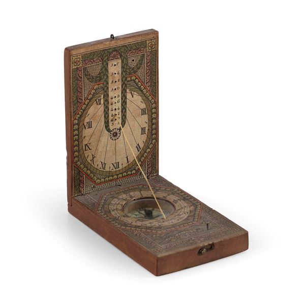 Orologio solare dittico da viaggio in legno e carta dipinta. XVIII secolo