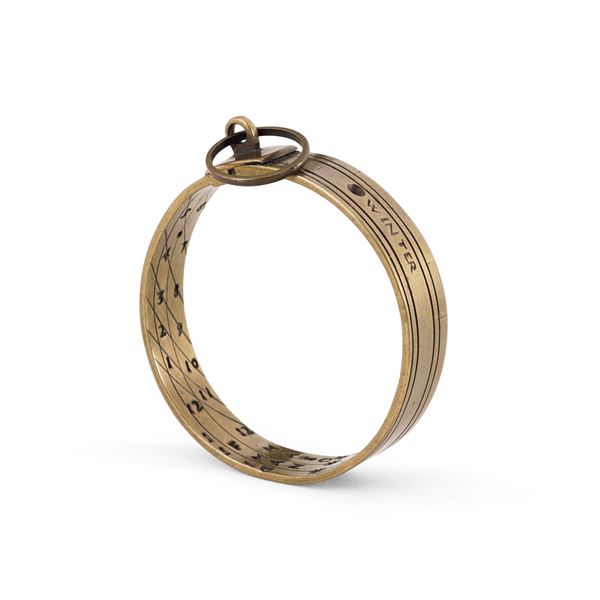 Meridiana solare ad anello in ottone, Inghilterra, datata 1677