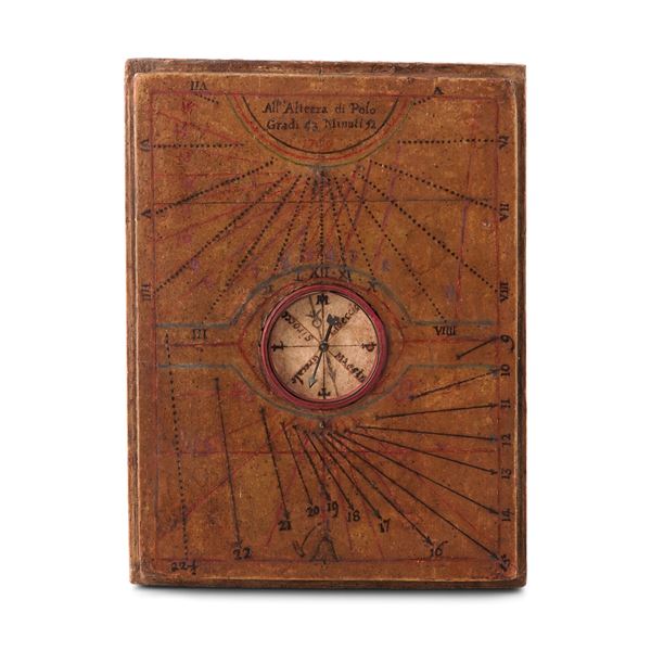 Orologio solare a scatola in carta pergamenata su legno, datata 1769