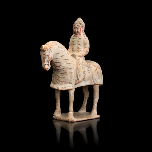 Terracotta figure of a warrior on horseback with traces of polychromy, China, Five Dynasties period (906-960)