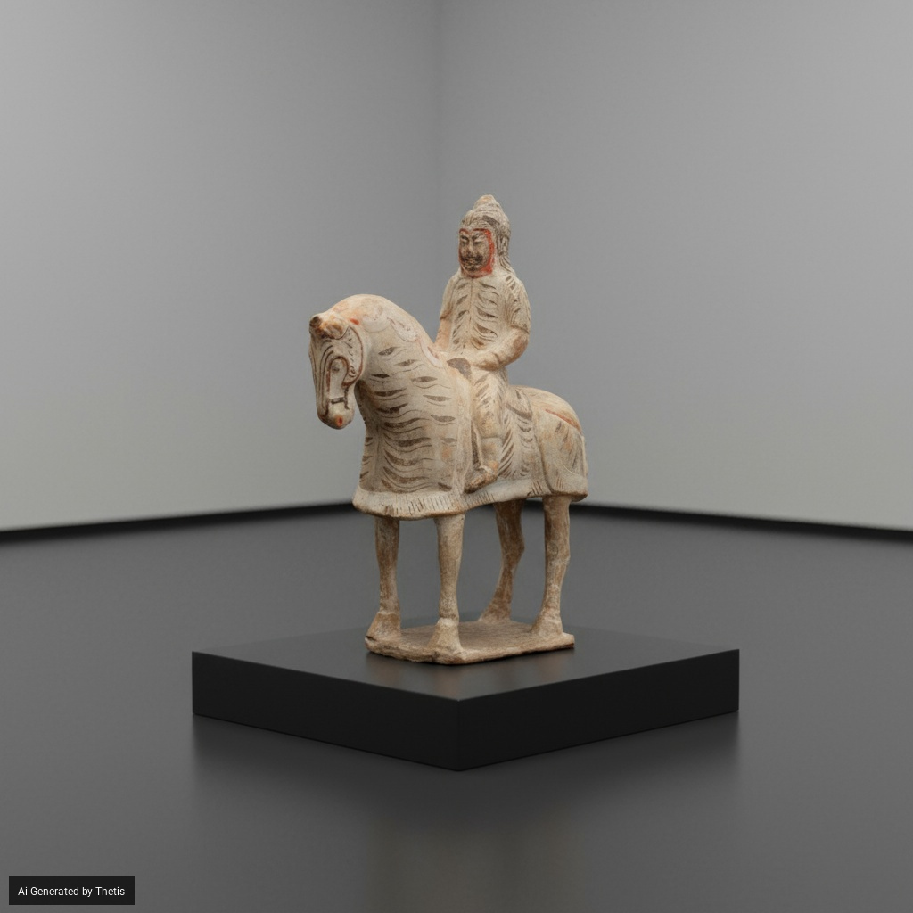 Figura di Guerriero a Cavallo in Terracotta con Tracce di Policromia, Cina, Periodo delle Cinque ...