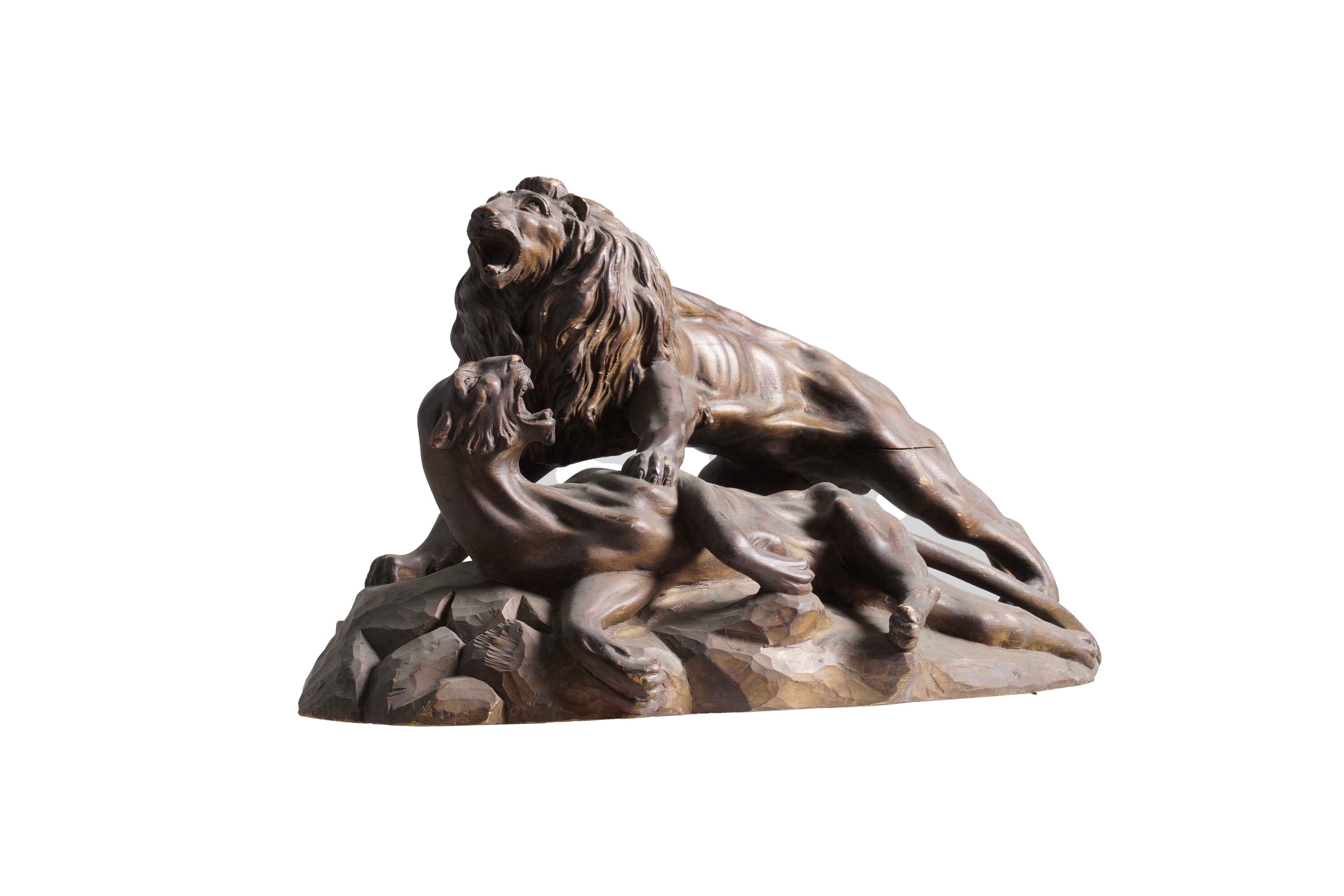 Scultore del XX secolo, Leone e leonessa, scultura in legno