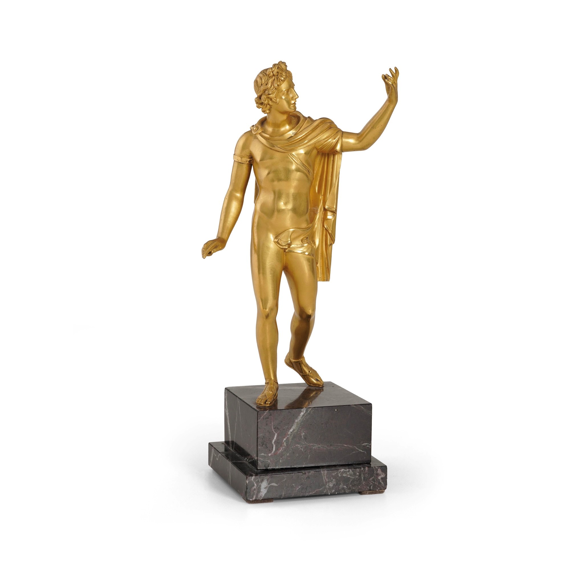 Scultura raffigurante Apollo, bronzo dorato su base in marmo, XIX secolo