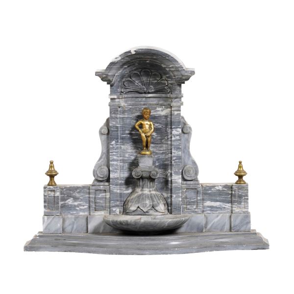 Modellino di fontana barocca in marmo grigio. XX secolo