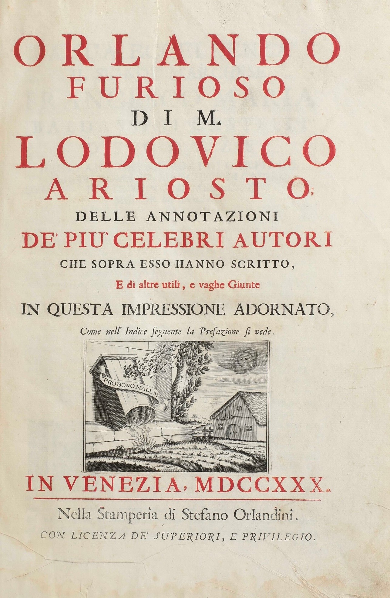 Ariosto Ludovico (1474-1533) Orlando Furioso..in Venezia, nella Stamperia di Stefano Orlandini, 1...
