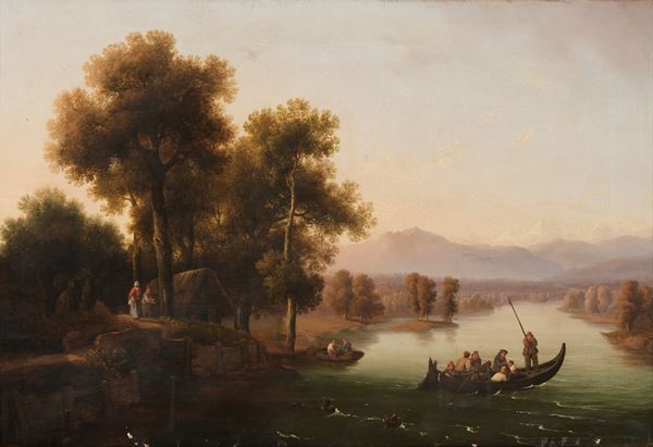 Scuola fiamminga del XIX secolo Paesaggio fluviale con imbarcazioni