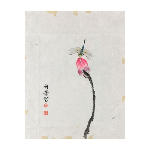 Disegno raffigurante fiore con libellula, Scuola di Qi Baishi, iscrizioni e sigillo, Cina, XX secolo