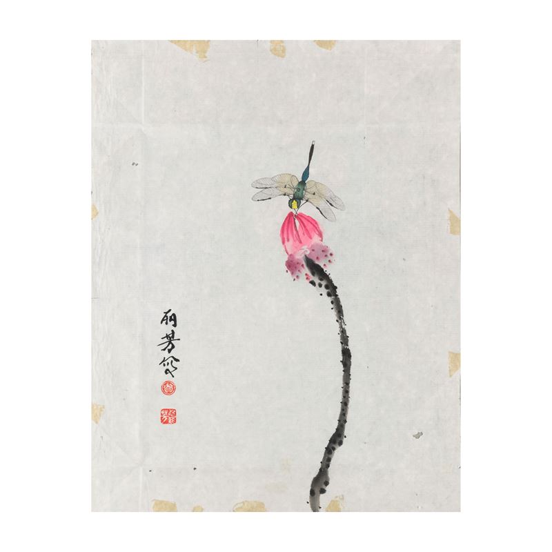 Disegno raffigurante fiore con libellula, Scuola di Qi Baishi, iscrizioni e sigillo, Cina, XX secolo  - Auction Fine Asian Works of Art - Cambi Casa d'Aste