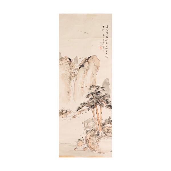 Scroll raffigurante paesaggio montano nello stile di Hua Yan con iscrizioni e sigillo, Cina, XX secolo