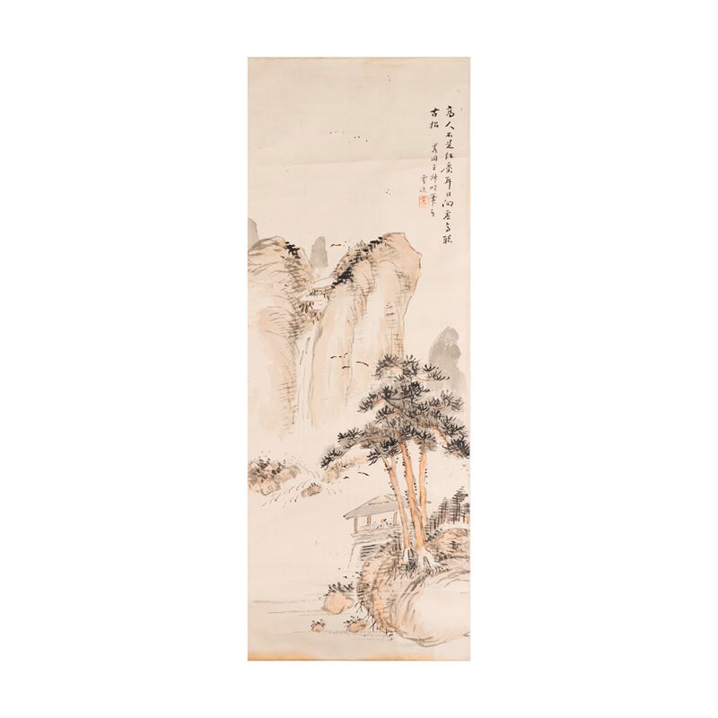 Scroll raffigurante paesaggio montano nello stile di Hua Yan con iscrizioni e sigillo, Cina, XX secolo  - Auction Fine Asian Works of Art - Cambi Casa d'Aste