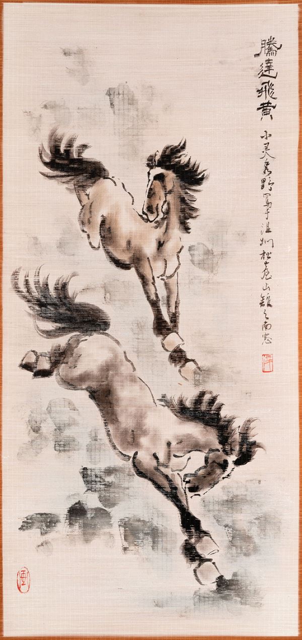 Scroll raffigurante coppia di cavalli con iscrizioni e sigillo, Xu Bei Hong (nello stile di), inchiostro, Cina, XX secolo