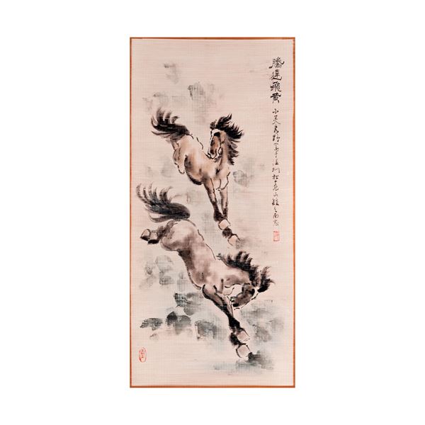 Scroll raffigurante coppia di cavalli con iscrizioni e sigillo, Xu Bei Hong (nello stile di), inchiostro, Cina, XX secolo