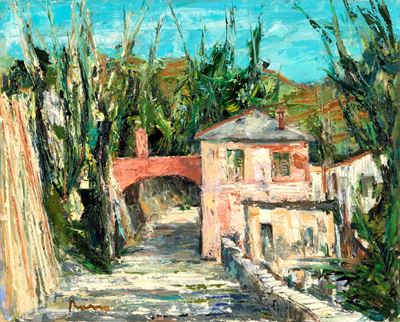 Paesaggio con casa, olio su tela