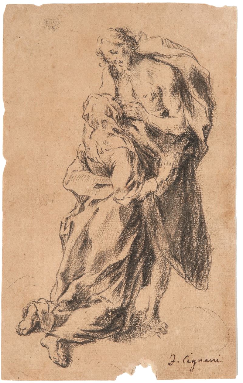 Scuola del XVII secolo La comunione di Santa Caterina da Siena  - matita nera su carta - Asta Dipinti Antichi - I - Cambi Casa d'Aste