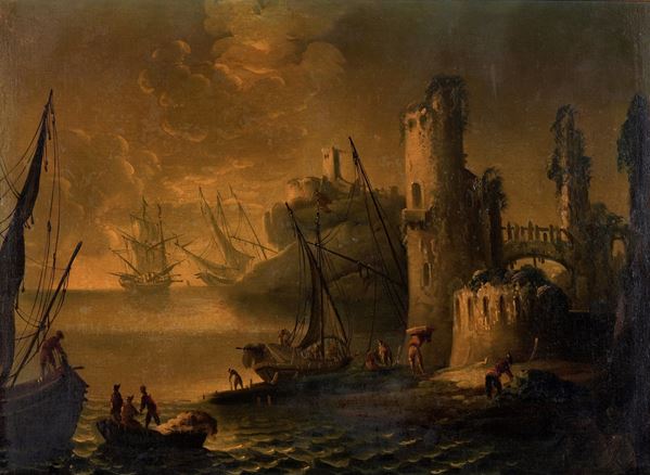 Veduta di porto con imbarcazioni e pescatori