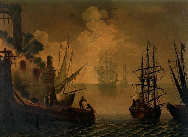 Veduta di porto con imbarcazioni e pescatori