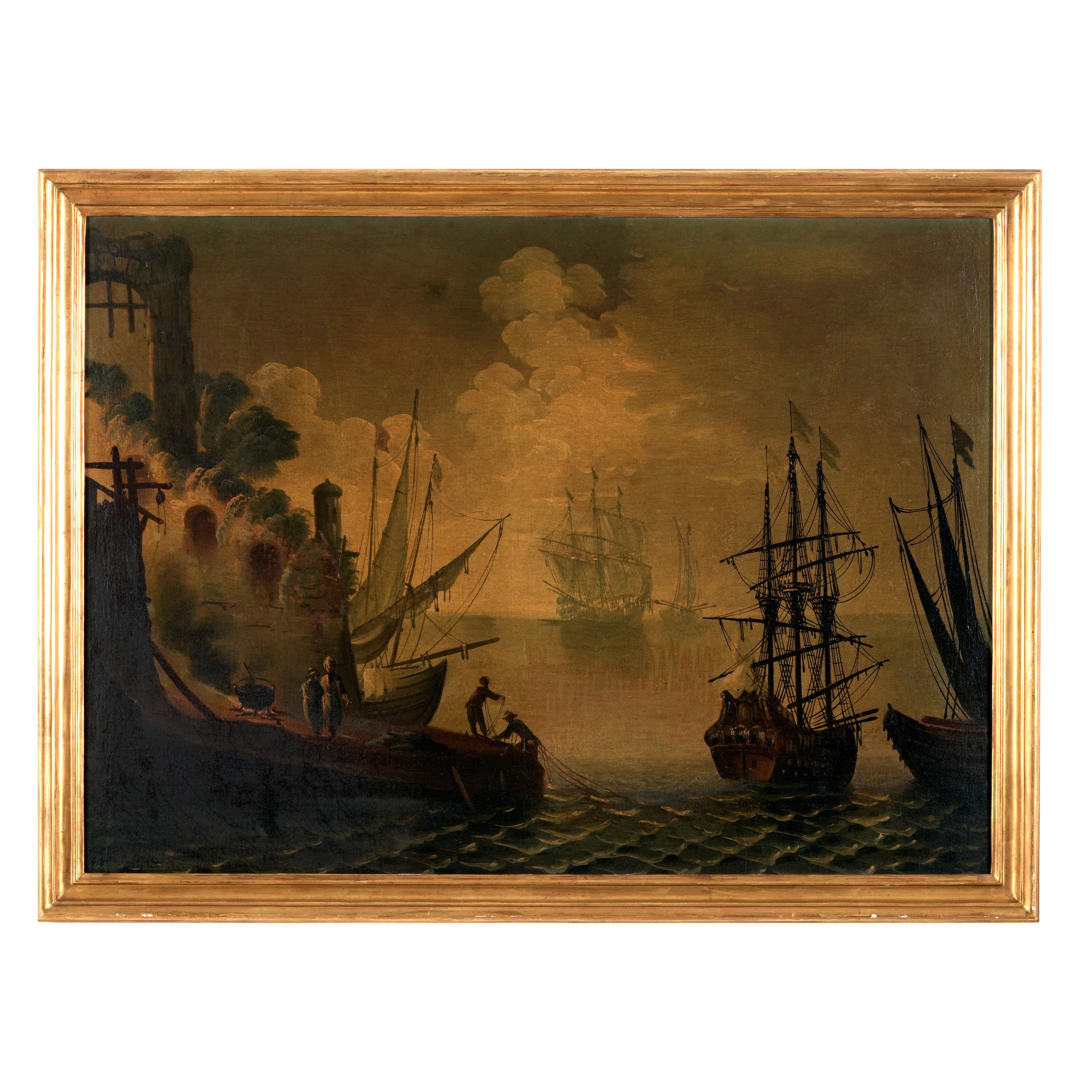 Veduta di porto con imbarcazioni e pescatori