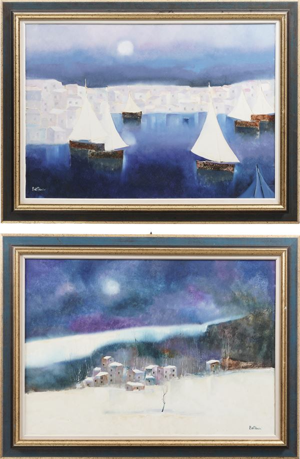 Due dipinti a firma Bettarini Città di mare / Paesaggio invernale
