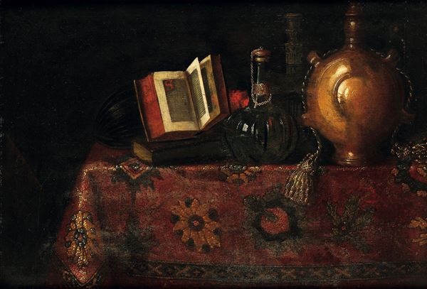 Pieter Gerritsz van Roestraeten - Natura corta con libro, liuto, fiaschi e tappeto