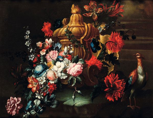 Pittore piemontese del XVIII secolo Natura morta con fiori e uccellino