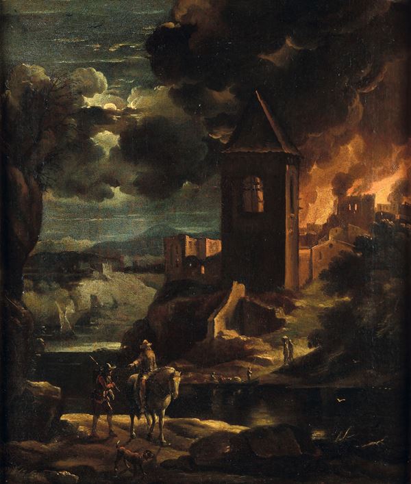 Scuola fiamminga del XVII secolo Notturno con incendio
