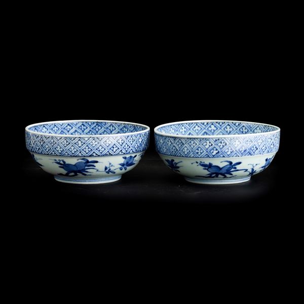 Coppia di ciotole in porcellana Arita bianca e blu raffigurante scena paesaggistica e vegetale, Giappone, periodo Edo (1603-1868)