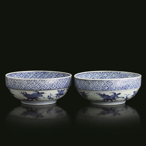 Coppia di ciotole in porcellana Arita bianca e blu raffigurante scena paesaggistica e vegetale, Giappone, periodo Edo (1603-1868)