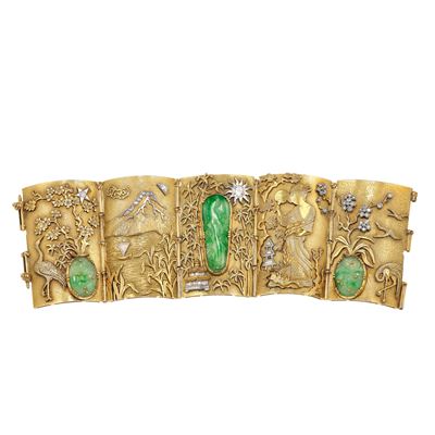 Orisa. Bracciale a Segmenti con Scene a Soggetto Orientale, Giadeiti Incise e Diamanti