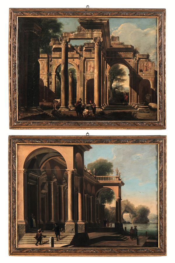 Vivano Codazzi (1604 Bergamo - 1670 Roma) e Michelangelo Cerquozzi (1602 Roma - 1660 Roma) Capricci con portici e figure