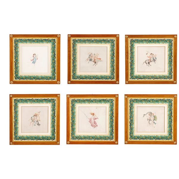 Gruppo di sei stampe a colori raffiguranti divinità; entro cornici