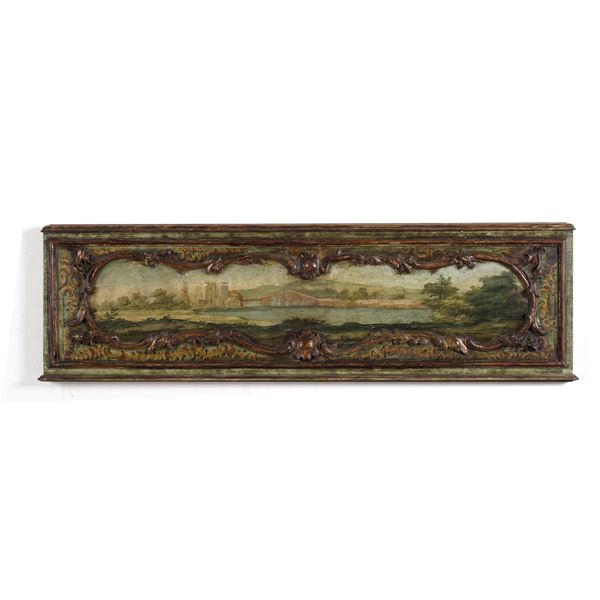 Fregio in legno intagliato dipinto e dorato con paesaggio. XVIII secolo