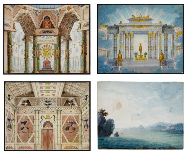 Scuola del XIX secolo Quattro acquerelli su carta di soggetti differenti