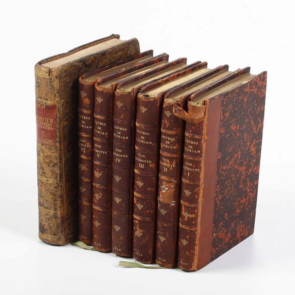 Michel Cervantes, Don Quichotte, a Paris, chez Briand, 1810 (tot 6 voll- dal I al VI); al lotto si aggiunge: El ingegnoso Hidalgo d. Quixotte de la Mancha por Miguel Cervantes, Madrid, 1804