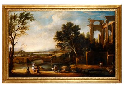 Scuola del XIX-XX secolo, Paesaggio ad imitazione dell’antico, olio su tela