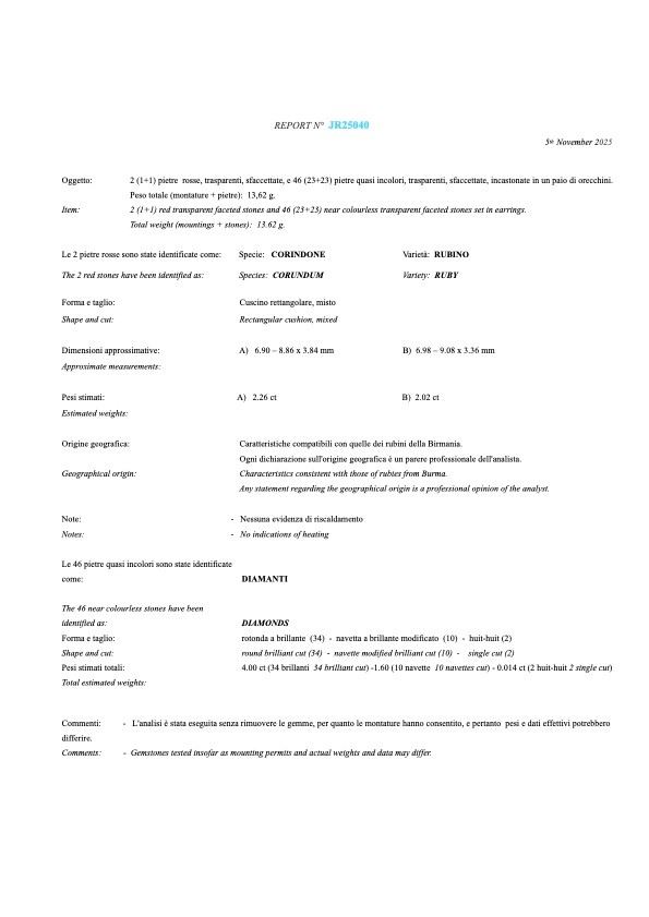 Orecchini con rubini Burma di ct 2.02 e 2.26 circa, nessuna indicazione di trattamenti