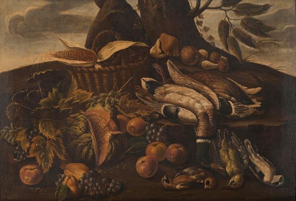 Scuola del XVIII secolo Natura morta con frutti e selvaggina