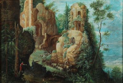 Paesaggio Montuoso con Pastori e Armenti alla Fonte