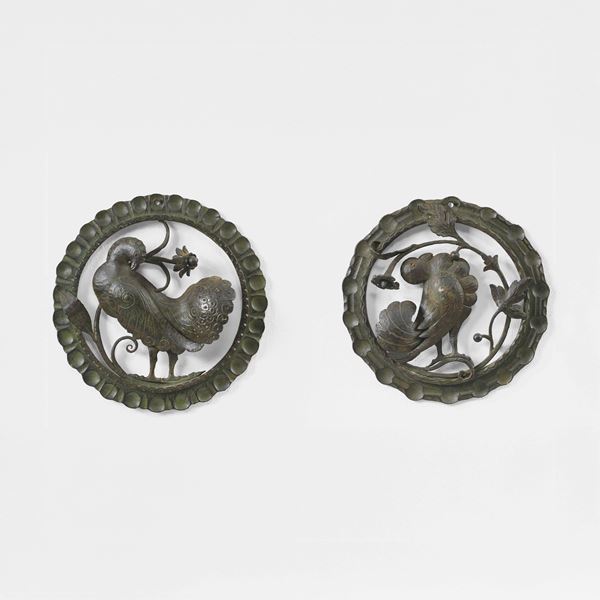 Carlo Rizzarda - Due formelle decorative con colomba e pavoncella.