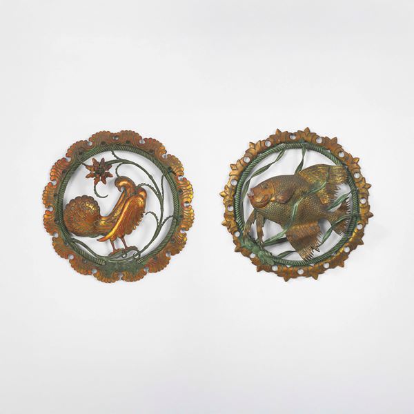 Carlo Rizzarda - Due formelle decorative con pavoncella e pesce.