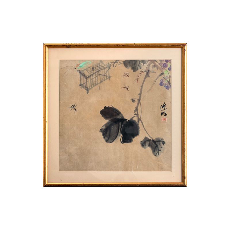Dipinto raffigurante scena paesaggistica con api e fiori, iscrizioni e sigillo, Cina, XX secolo  - Asta Fine Asian Works of Art - Cambi Casa d'Aste