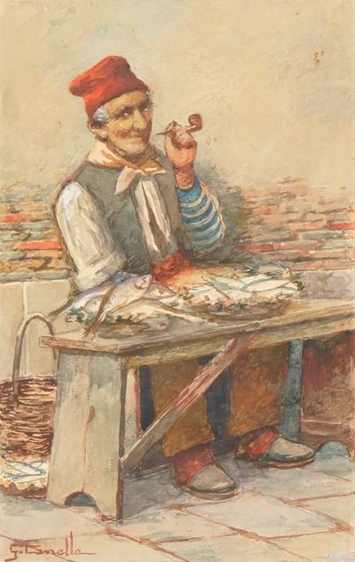 Pescivendolo, acquerello su carta