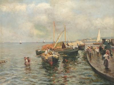 Marina con barche - olio su tela