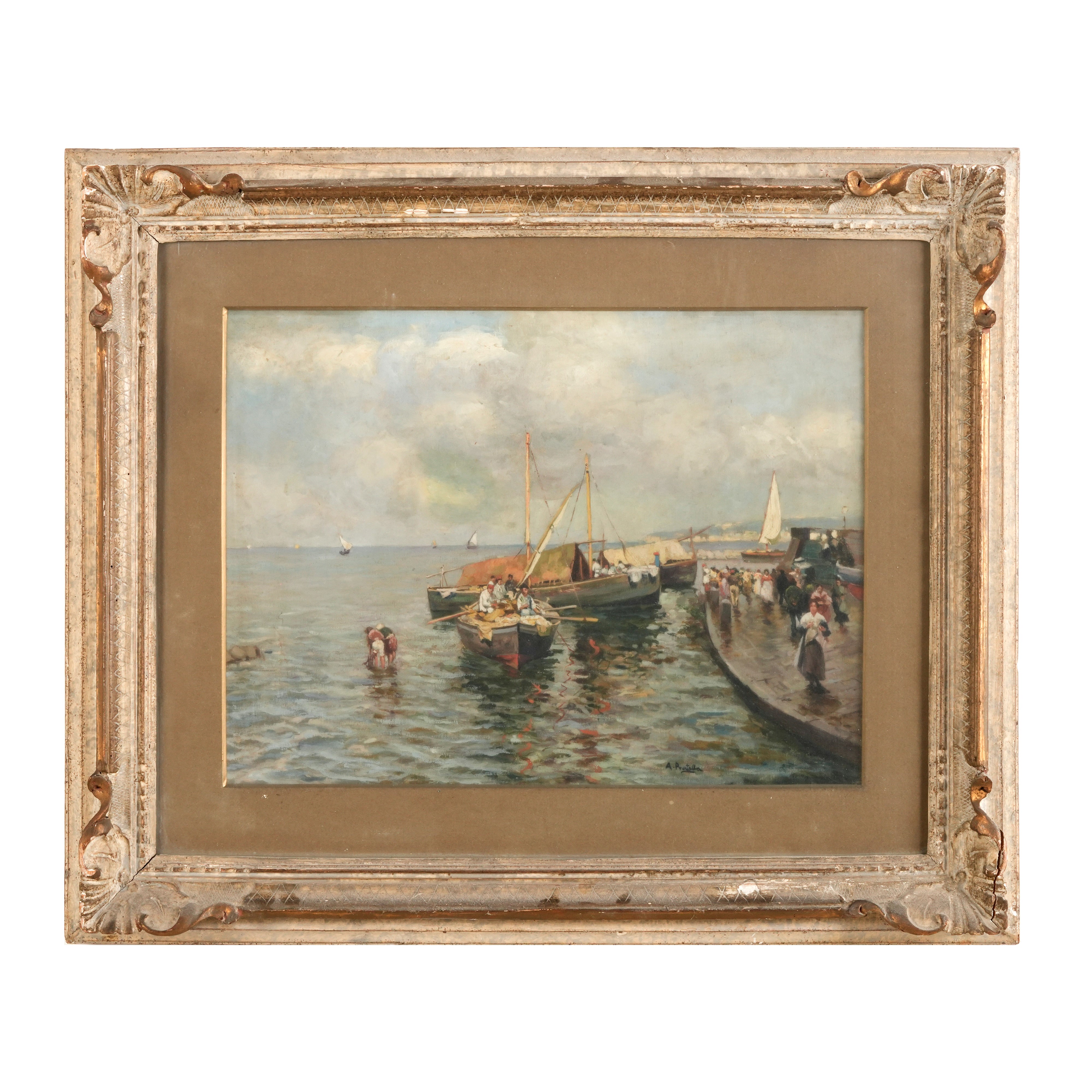Attilio Pratella - Marina con barche - olio su tela