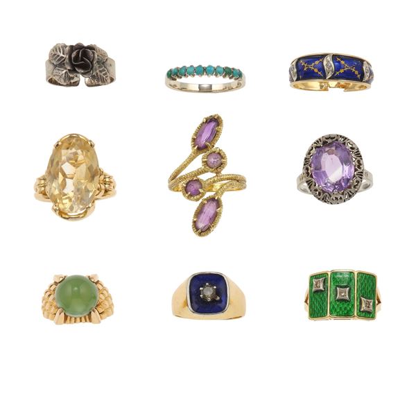 Eight gold, enamel and gemstone rings and one silver ring